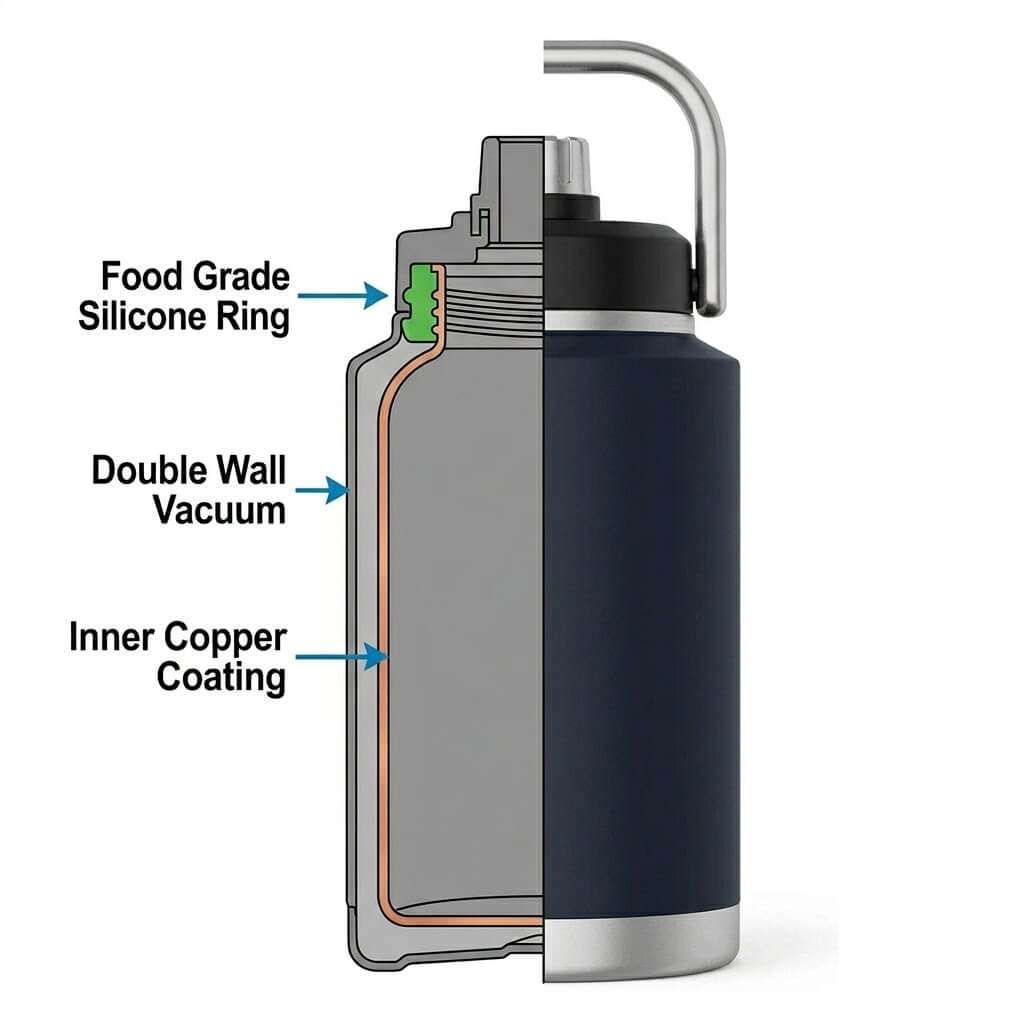 Diagrama en corte transversal que muestra la anatomía interna, el revestimiento de cobre y la estructura de aislamiento al vacío sin cola del vaso de acero inoxidable JOOYO Drinkware.