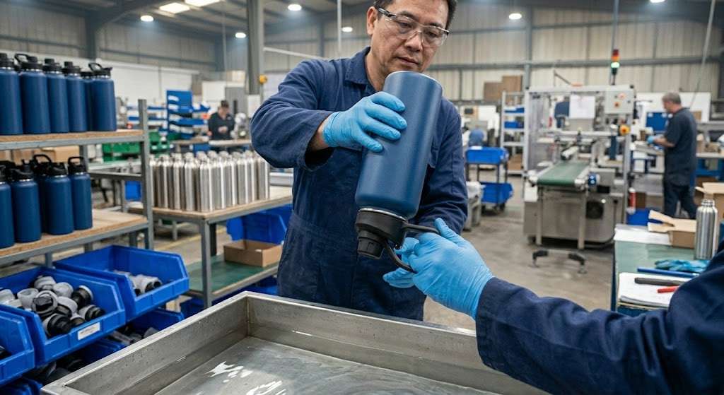 Factory worker performing 100% leak-proof tumblers qc custom 40oz stainless steel tumblers