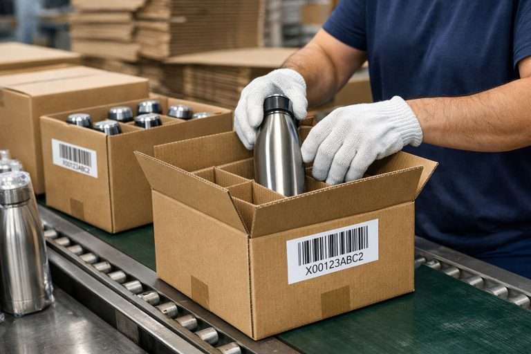 Factory workers applying FNSKU labels and packing stainless steel tumblers into ISTA 3A drop-test cartons for Ship Tumblers to Amazon FBA from China