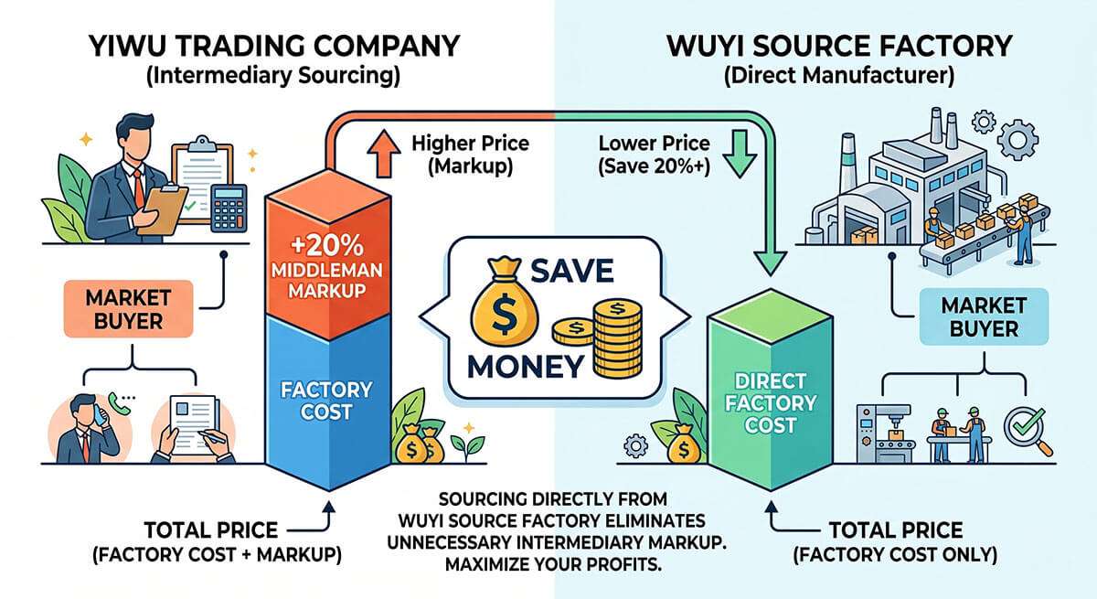 Cost analysis chart showing the hidden 15-30% middleman markup when buying from a Yiwu trading company versus direct Wuyi factory pricing.