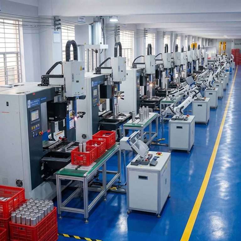 Advanced CNC robotic laser welding equipment for 18/8 stainless steel water bottles at JOOYO Drinkware automated manufacturing facility.
