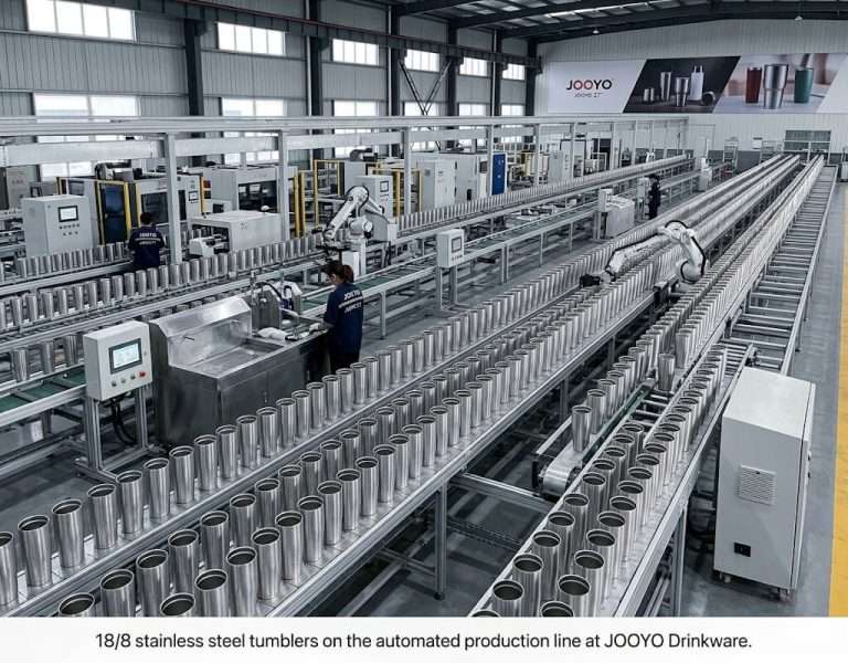 Rows of premium 18/8 stainless steel insulated tumblers on the automated production line at JOOYO Drinkware factory in Wuyi, China.