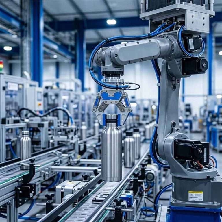 Automated CNC robotic welding line producing premium 18/8 stainless steel water bottles with under 0.3% defect rate at JOOYO Drinkware factory.