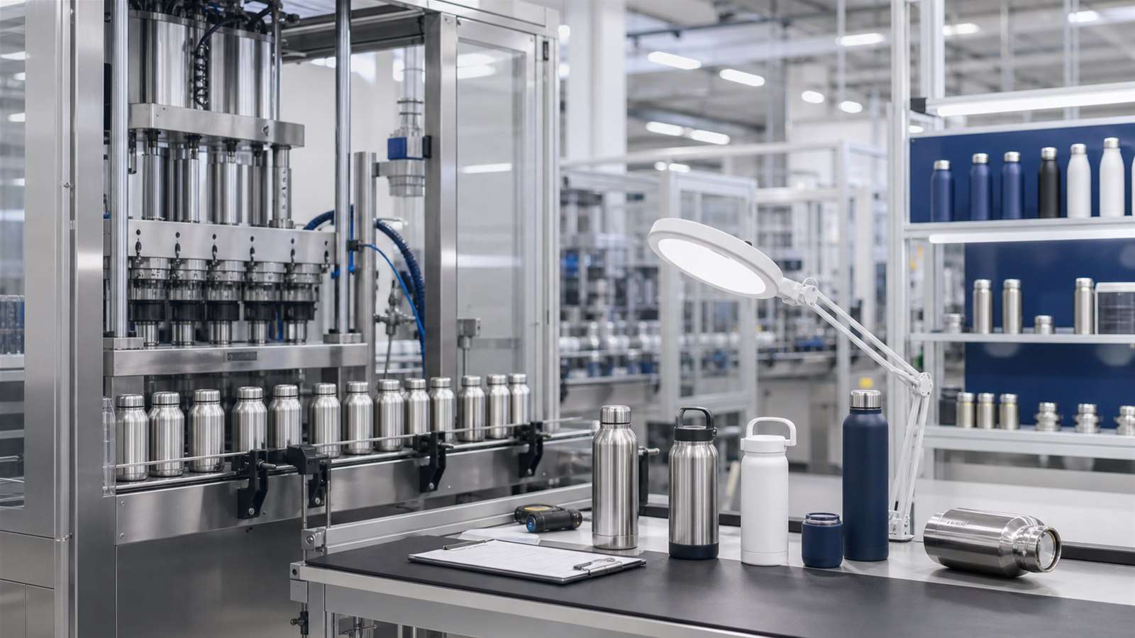Automated stainless steel drinkware factory production and quality control area