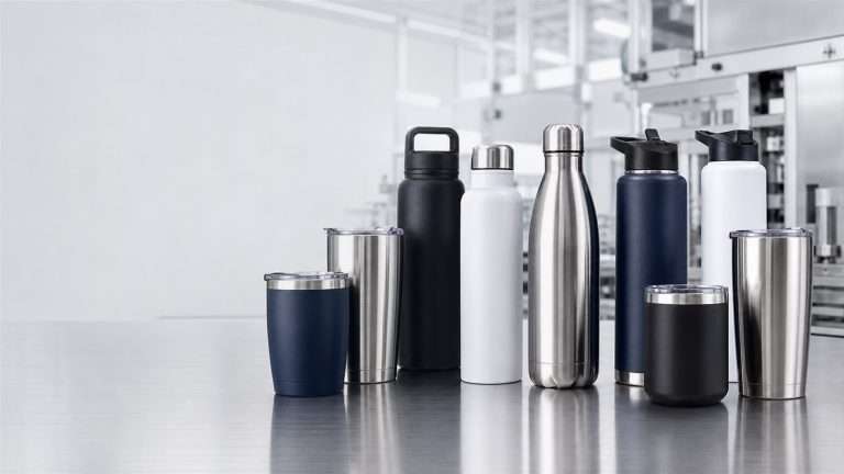 Custom stainless steel water bottles at a JOOYO Drinkware manufacturing facility