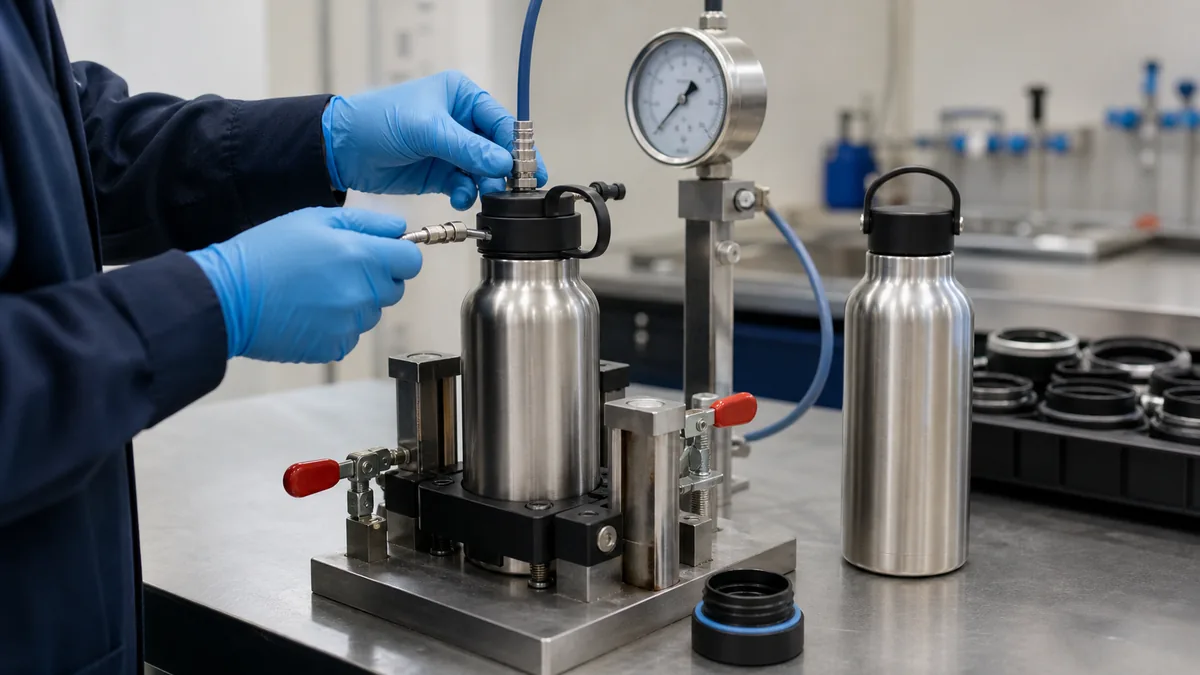 Technician checking a acero inoxidable insulated botella lid on a pressure-testing fixture