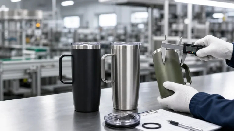 Stainless steel vacuum mugs undergoing quality inspection at a drinkware factory