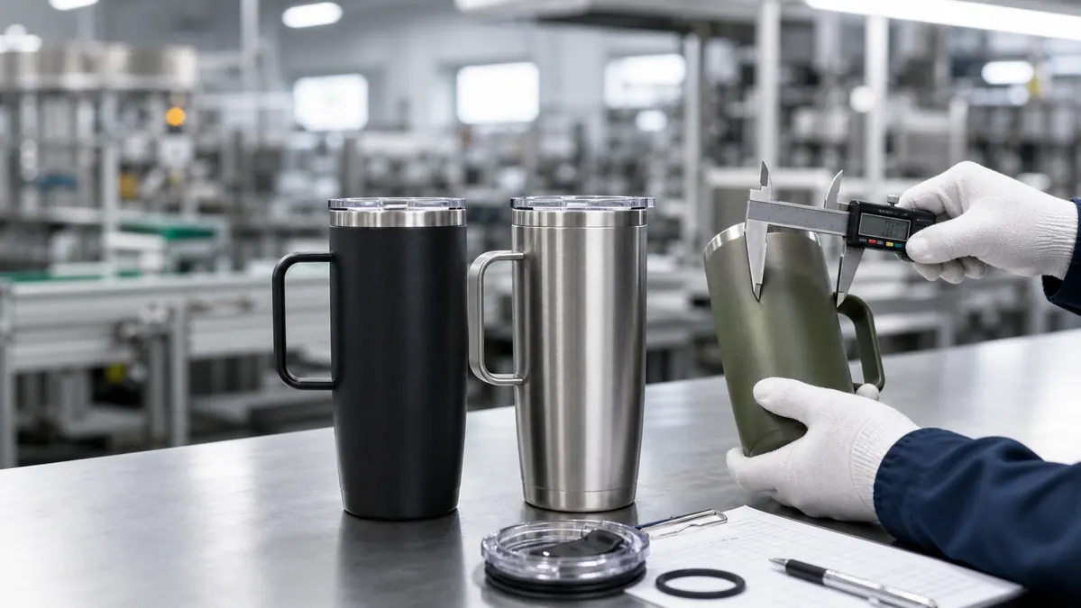 Edelstahl Vakuum mugs undergoing Qualität inspection at a drinkware Fabrik