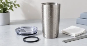 Edelstahl tumbler with light condensation beside its lid and seal for QC inspection