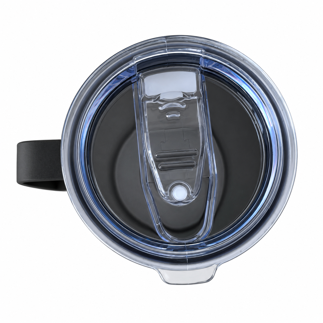 Top view of a black poignéed mug with a clear couvercle and scouvercleing opening cover.