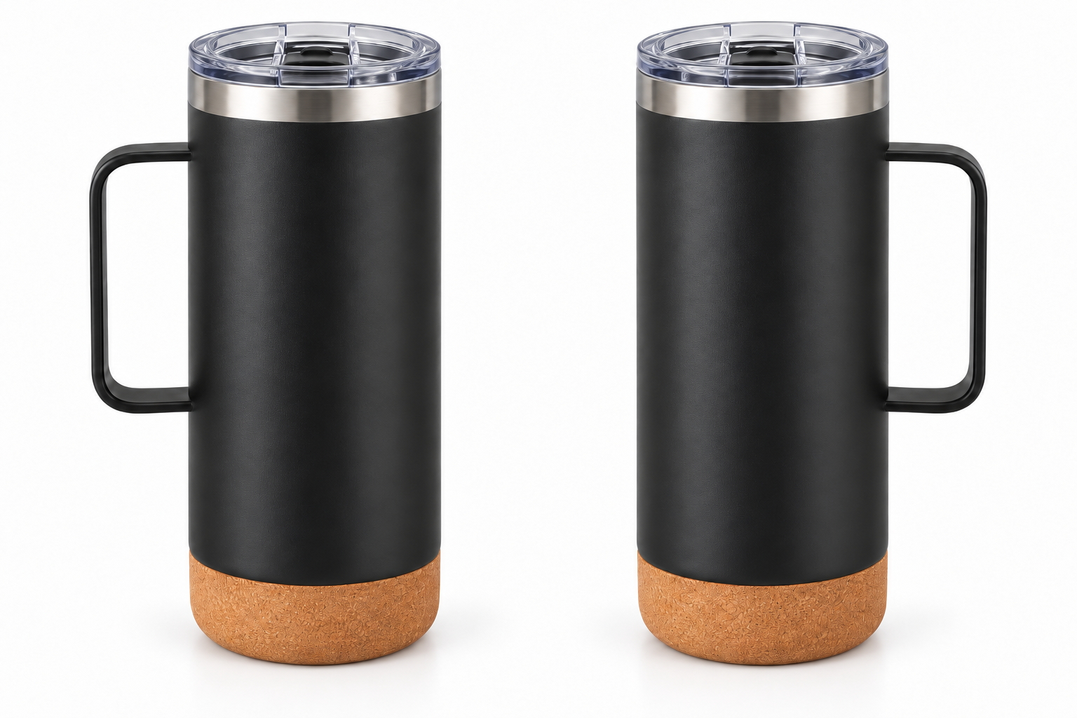 Two black poignéed mugs de voyage with clear couvercles and cork-coloured lower sections, shown with poignées facing outward.